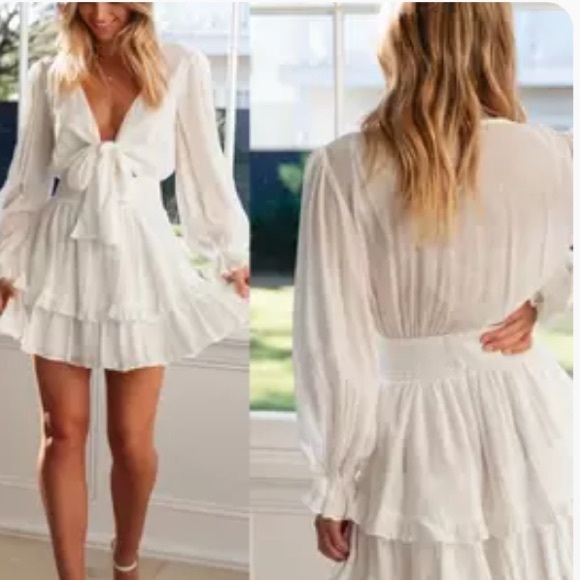 🎉New Boho Knot Front V Neck Ruffles Long Sleeve Swing Mini Dress - Picture 8 of 12
